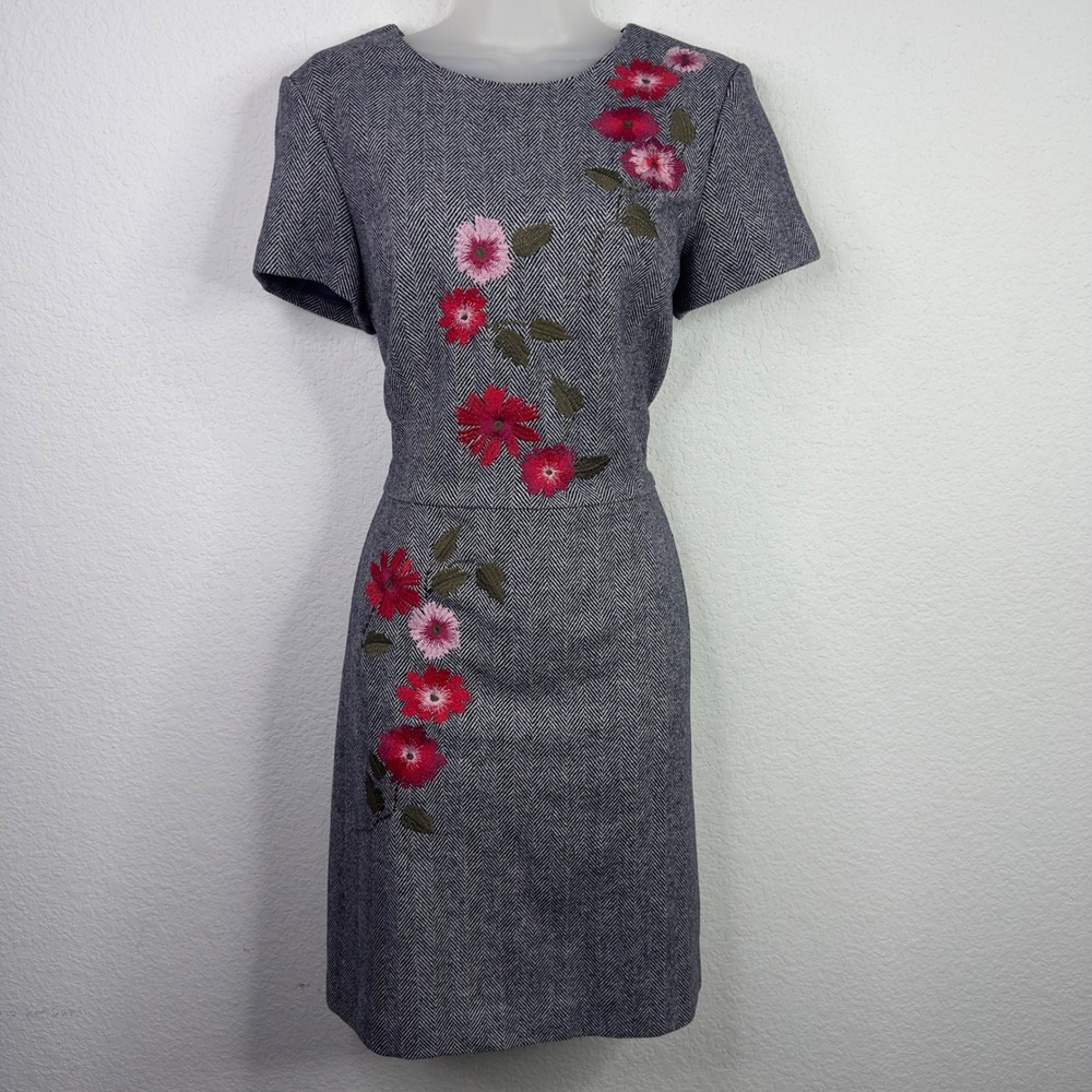Brooks Brothers Red Fleece Dress Womens 8 Gray‎ Wool Embroidered Floral Preppy